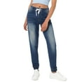 thumbnail image 1 of ADSSDQ Women's Mid Rise Slim Boyfriend Jeans Stretch Straight Leg Elastic Waist Drawstring Boyfriend Denim Bottom Pants with Pockets Dark Blue XL, 1 of 4