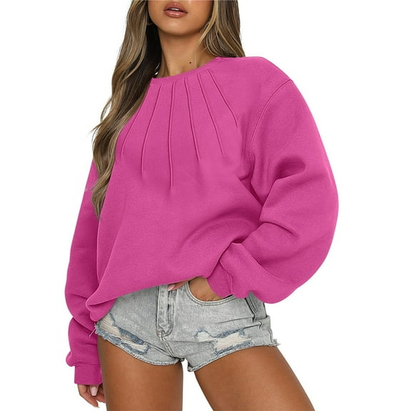 ADSSDQ Women's Oversized Crewneck Sweatshirts Pleated Pullover Casual Long Sleeve Sweaters Tops Teen Girls Preppy Clothes Hot Pink M