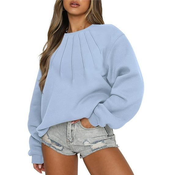 ADSSDQ Women's Oversized Crewneck Sweatshirts Pleated Pullover Casual Long Sleeve Sweaters Tops Teen Girls Preppy Clothes Sky Blue M