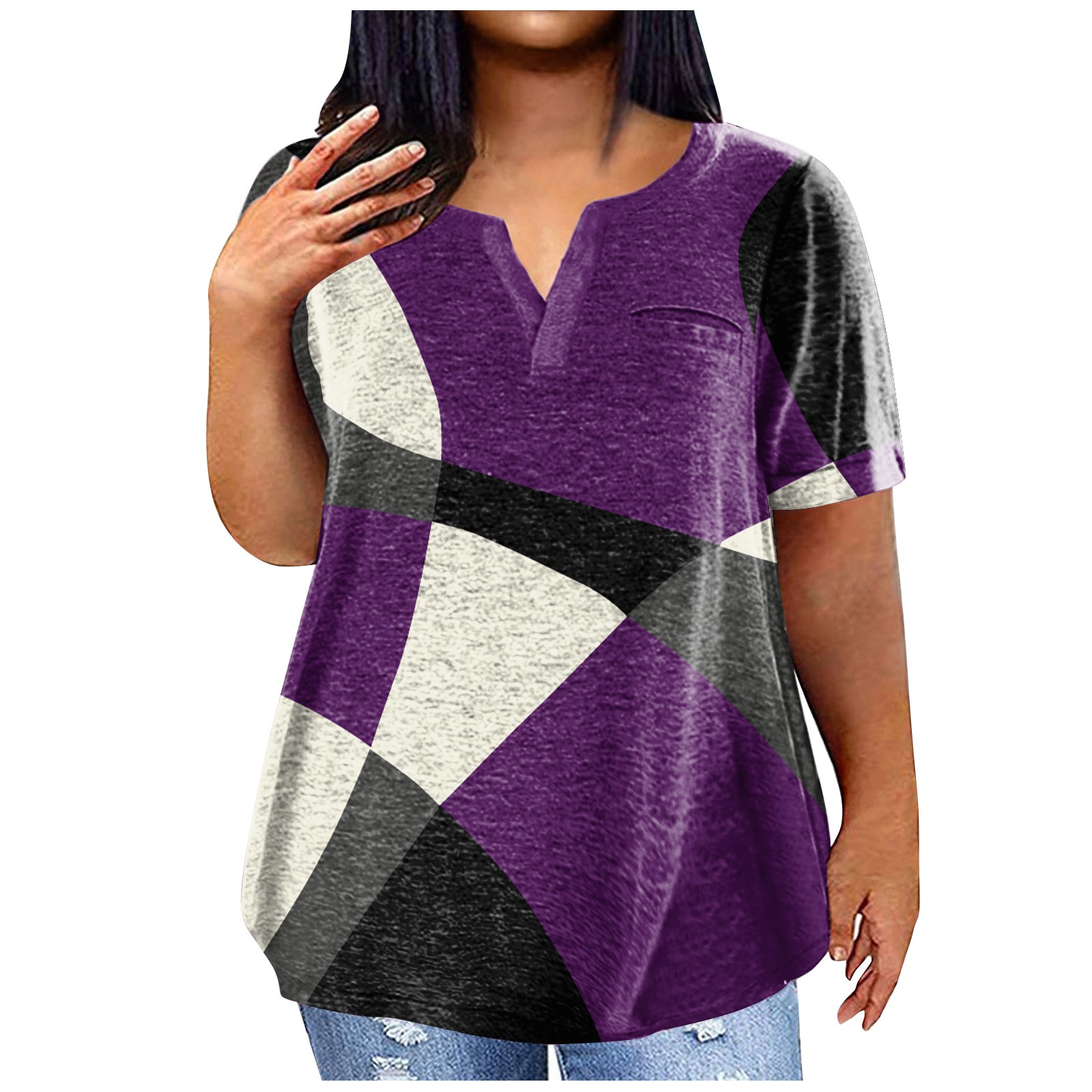 ADSSDQ Women's Plus Size Blouses with Pocket Geometric Western Short