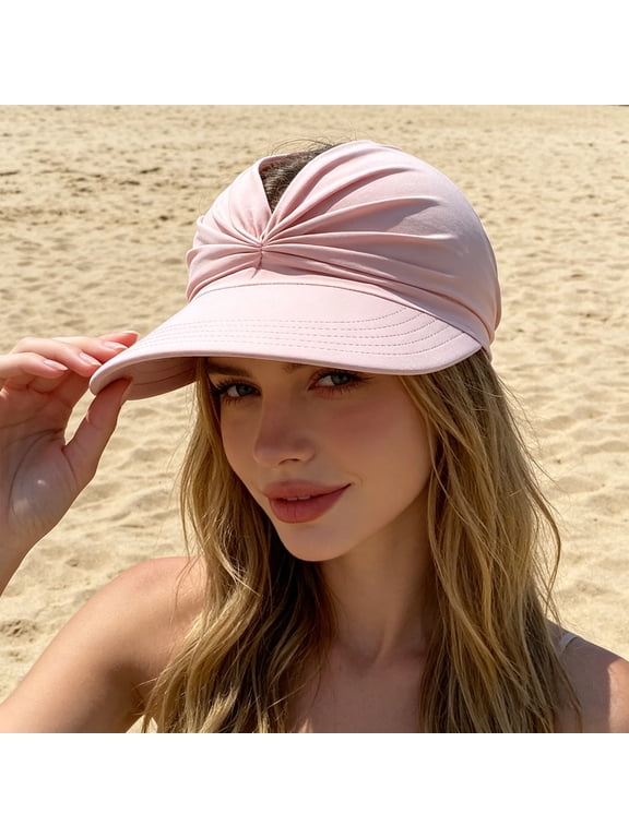 Women's UPF 50+ UV Protection Sun Visor Hat, Sun Hats for Women, Lightweight Foldable Ponytail Sports Cap Pink