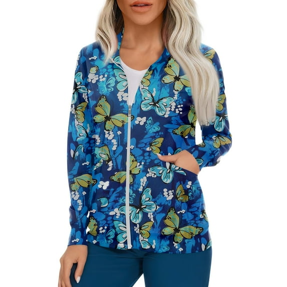 ADSSDQ Women's Ultra Soft Stretch Zip Up Scrub Jacket Floral Print Long Sleeve Scurbs Tops