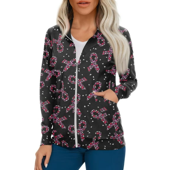 ADSSDQ Women's Ultra Soft Stretch Zip Up Scrub Jacket Floral Print Long Sleeve Scurbs Tops