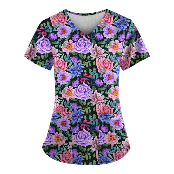 ADSSDQ Women's V-Neck Scrub Top,Floral Print Nursing Scrubs for Women,Summer Short Sleeve Workwear Nurse Uniforms Scrub Tops with Pockets Dark Purple 3XL