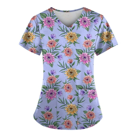 ADSSDQ Women's V-Neck Scrub Top,Floral Print Nursing Scrubs for Women,Summer Short Sleeve Workwear Nurse Uniforms Scrub Tops with Pockets Light Purple 4XL