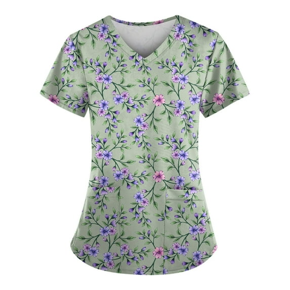 ADSSDQ Women's V-Neck Scrub Top,Floral Print Nursing Scrubs for Women,Summer Short Sleeve Workwear Nurse Uniforms Scrub Tops with Pockets Mint Green 3XL