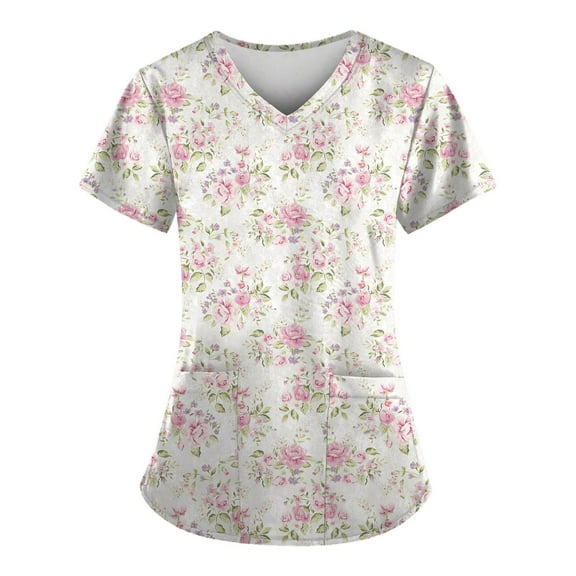 ADSSDQ Women's V-Neck Scrub Top,Floral Print Nursing Scrubs for Women,Summer Short Sleeve Workwear Nurse Uniforms Scrub Tops with Pockets Mint Green L