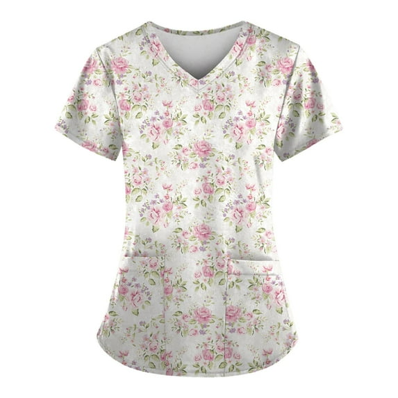ADSSDQ Women's V-Neck Scrub Top,Floral Print Nursing Scrubs for Women,Summer Short Sleeve Workwear Nurse Uniforms Scrub Tops with Pockets Mint Green S