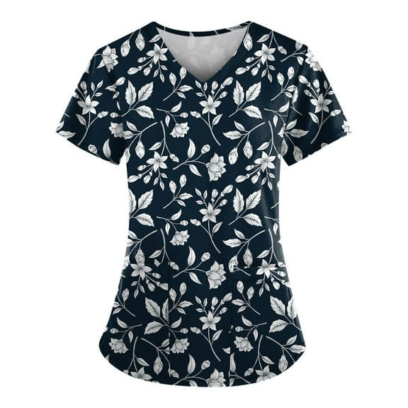 ADSSDQ Women's V-Neck Scrub Top,Floral Print Nursing Scrubs for Women,Summer Short Sleeve Workwear Nurse Uniforms Scrub Tops with Pockets Black 2XL