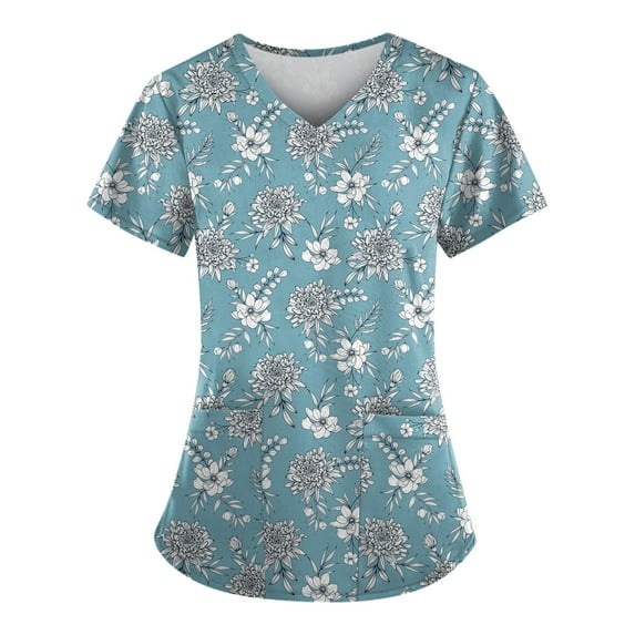 ADSSDQ Women's V-Neck Scrub Top,Floral Print Nursing Scrubs for Women,Summer Short Sleeve Workwear Nurse Uniforms Scrub Tops with Pockets Blue S