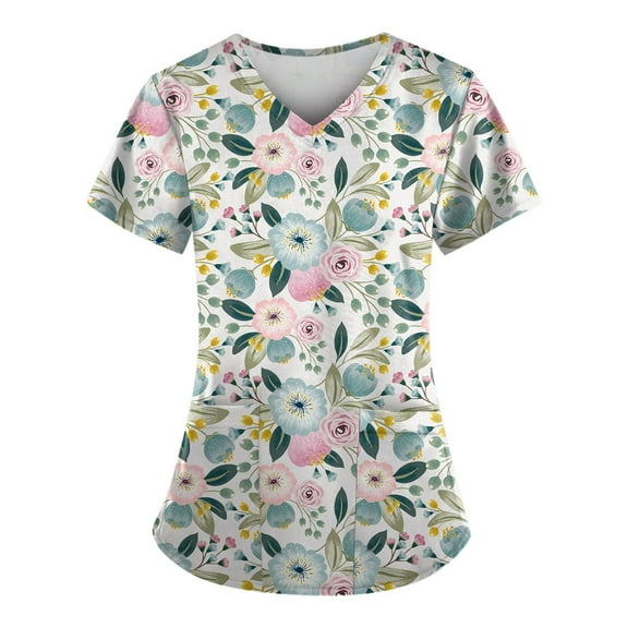 ADSSDQ Women's V-Neck Scrub Top,Floral Print Nursing Scrubs for Women,Summer Short Sleeve Workwear Nurse Uniforms Scrub Tops with Pockets Green 5XL