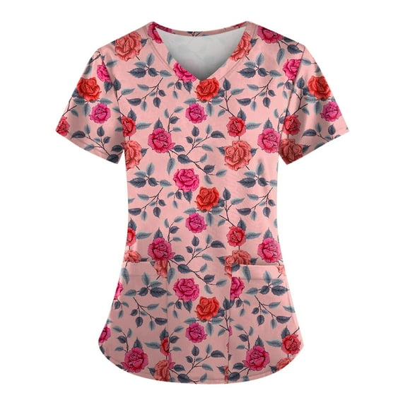 ADSSDQ Women's V-Neck Scrub Top,Floral Print Nursing Scrubs for Women,Summer Short Sleeve Workwear Nurse Uniforms Scrub Tops with Pockets Pink 5XL