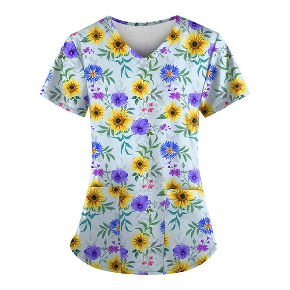 ADSSDQ Women's V-Neck Scrub Top,Floral Print Nursing Scrubs for Women,Summer Short Sleeve Workwear Nurse Uniforms Scrub Tops with Pockets Sky Blue L