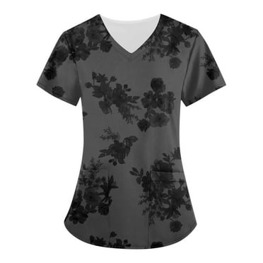ADSSDQ Women's Working Uniform Nursing Uniform Scrubs Top Floral Print Scrub Tops Short Sleeve V-neck Blouse Tee with Pockets Black 2XL