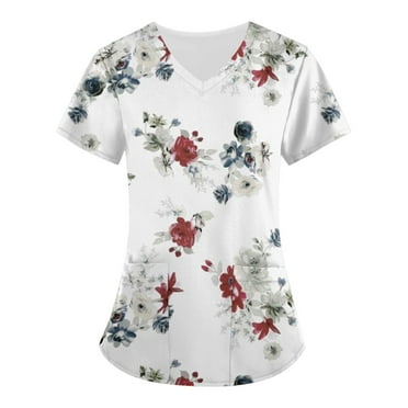 ADSSDQ Women's Working Uniform Nursing Uniform Scrubs Top Floral Print Scrub Tops Short Sleeve V-neck Blouse Tee with Pockets White 2XL