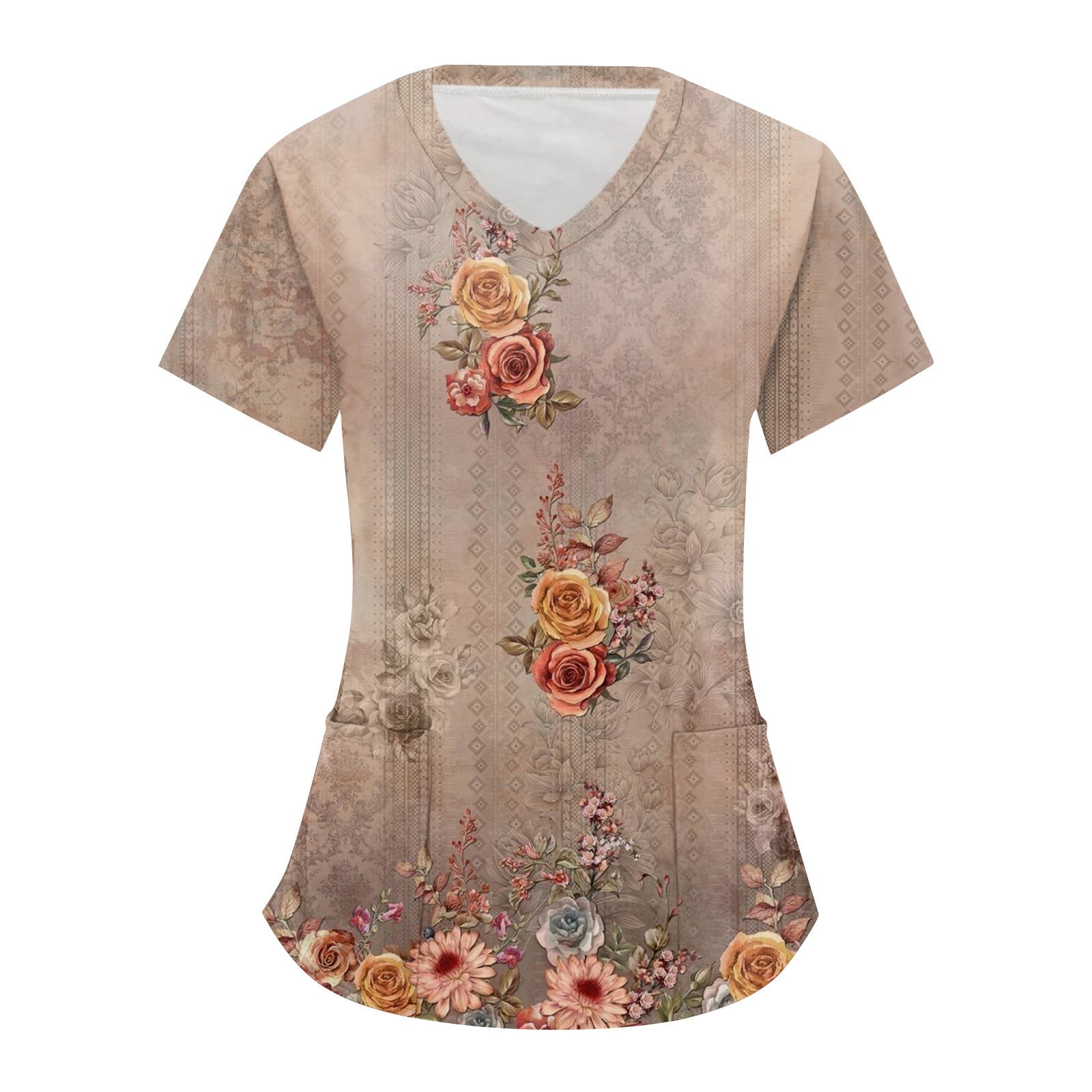 SAASHI Solid Pink V-neck Scrub Tops, Short Sleeve Patched Pockets Uniform main image 0