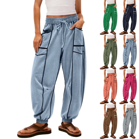 ADSSDQ Womens Barrel Pants Drawstring Wide Leg Sweatpants Baggy Summer Lounge Pants Trendy Beach Trousers with Pockets Dark Blue L
