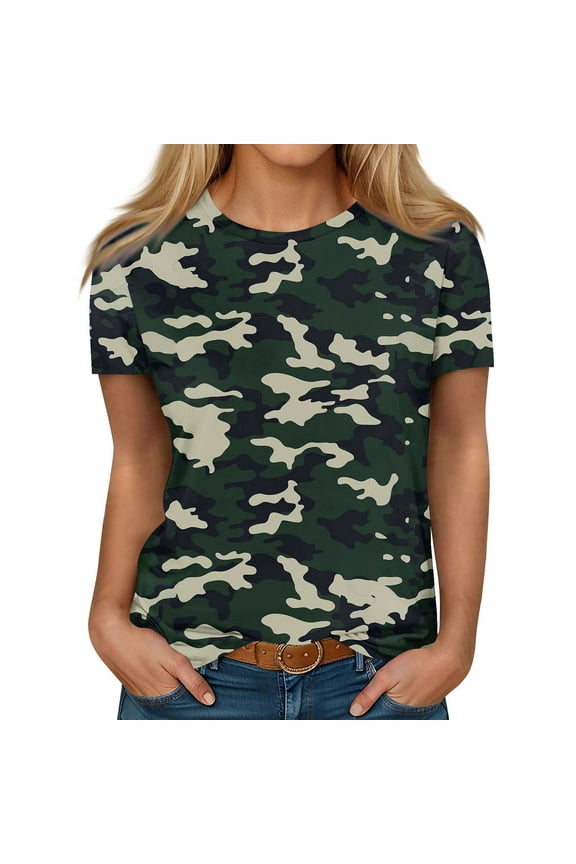Womens Blouses Dressy Casual Short Sleeve Summer Tops For Women 2024 O Neck Gym Shirts Vintage Spring Camo Graphic Tshirt Maternity Clothes Dark Green 2XL