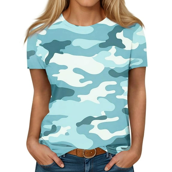 ADSSDQ Womens Casual Tops Summer Soft Comfy O-Neck Shirts For Women Camouflage Print Cotton Tshirts Short Sleeve Tunic Top Spring Beach Clothes Light Blue S