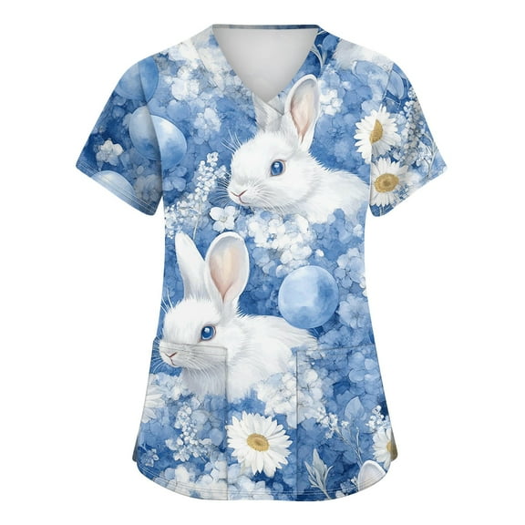 ADSSDQ Womens Easter Nursing Scrub Tops Bunny Egg Hunt Print Working Uniform Blouse T-shirt Casual Short Sleeve V-neck Blouse Tops With Pockets Blue 3XL