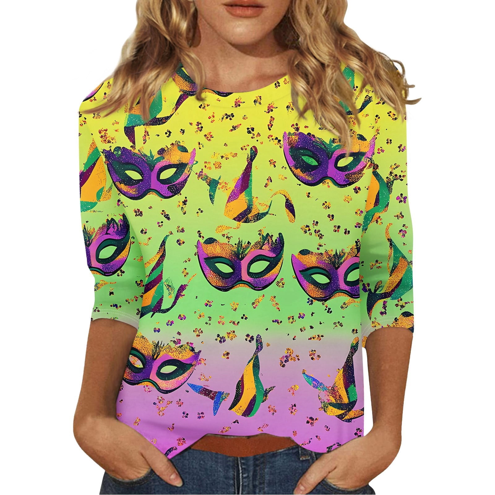 ADSSDQ Womens Mardi Gras Shirts 3/4 Sleeve Tops for Women Graphic Tees ...