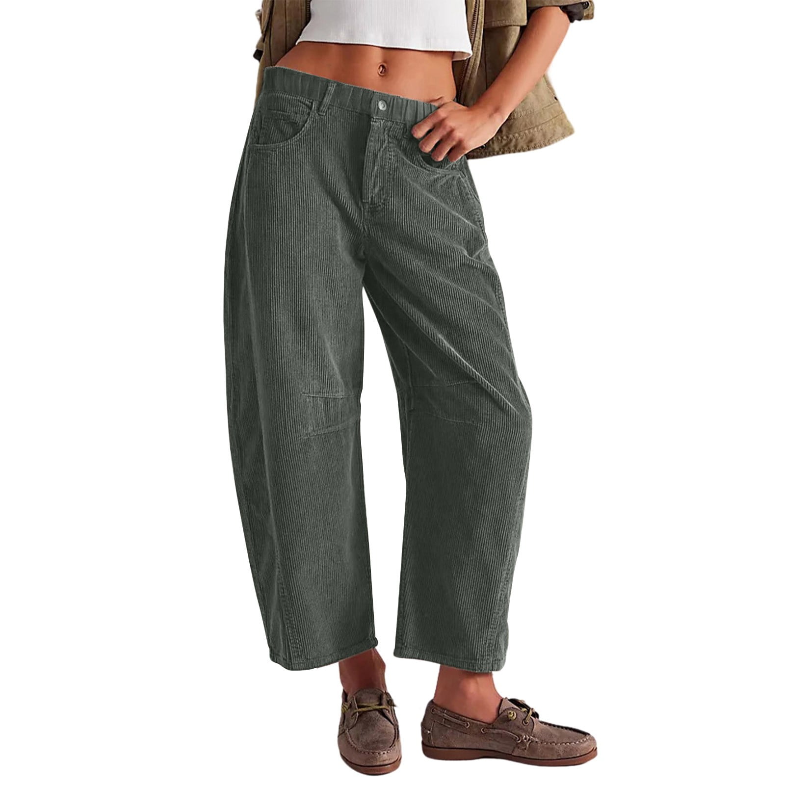 Women's Corduroy Wide Leg Pants - Mid Rise Barrel Jeans With Elastic Waist