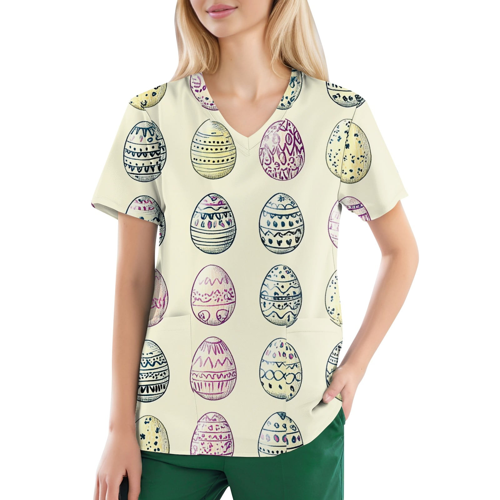 ADSSDQ Womens Nursing Scrub Tops Easter Eggs Bunny Rabbit Printed ...