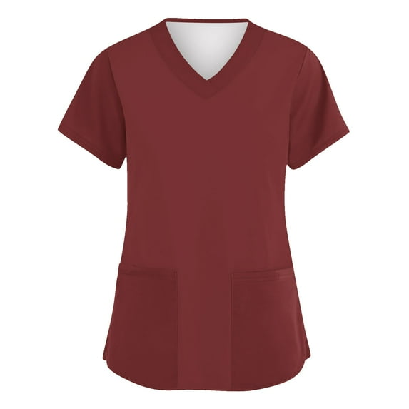 ADSSDQ Womens Scrub Tops Working Uniform T-Shirt Plus Size V Neck Short Sleeve Nurse Scrubs Solid Color Stretch Blouse Tee with Pockets Red L