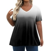 ADSSDQ Womens Plus Size Tops Summer Short Sleeve Compression Shirts Woman V Neck Floral Blouses For Women Gradient Graphic Women T Shirts Sweatshirt Fall Maternity Clothes Black 2XL