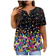 ADSSDQ Womens Plus Summer Tops Oversized Short Sleeve Cute Shirts For Women Button Down V Neck Blouses Dressy Butterfly Print Graphic T Shirts Boho Clothes Fall Fashion 2024 Purple L