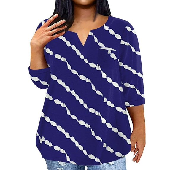 ADSSDQ Womens Plus Summer Tops Vintage 3/4 Sleeve Pattern Vneck Tshirts Shirts Elbow Length Fall Tunic Tops For Women 2024 With Pocket Teen Girl Clothes Dark Blue 5XL