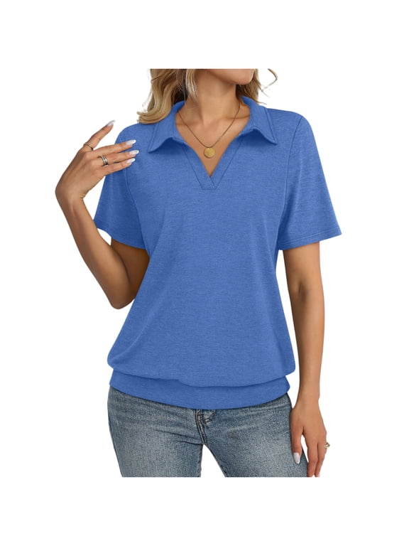 Womens Polo Shirts Short Sleeve Banded Bottom Tops Business Casual Tops Collared V Neck Dressy Blouses Sweatshirt Blue L