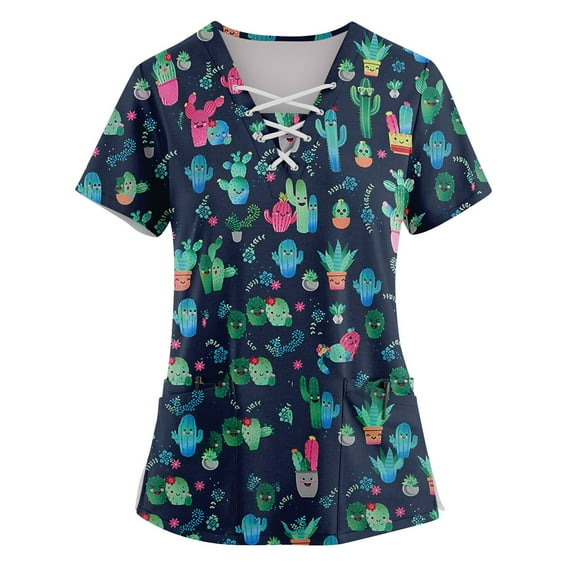ADSSDQ Womens Scrub Tops Cool Breathable Fabric Working Nurse Uniforms V Neck Cute Cartoon Animal Print Short Sleeve Blouse T-Shirts Workwear with Pockets