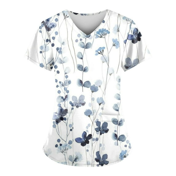 ADSSDQ Womens Scrub Tops Daisy Printed Work Uniform T-Shirt V Neck Short Sleeve Nurse Scrubs Tunic Blouse with Pockets Blue S