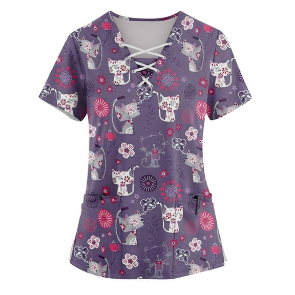ADSSDQ Womens Scrub Tops Plus Size Stretchy Nurse Working Uniform V Neck Cute Cartoon Animal Print Healthcare Workwear with Pockets