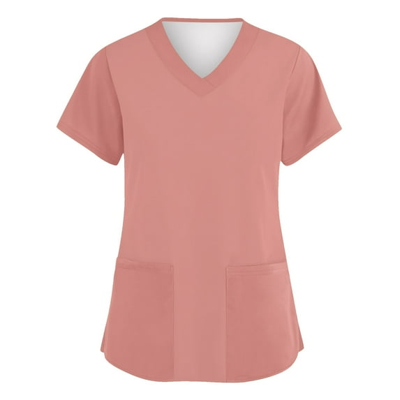 ADSSDQ Scrub Tops Women Stretchy Womens Scrub Tops Solid Basic Nurse Working Uniform V Neck Short Sleeve Scrubs Blouse with Pockets Pink 2XL