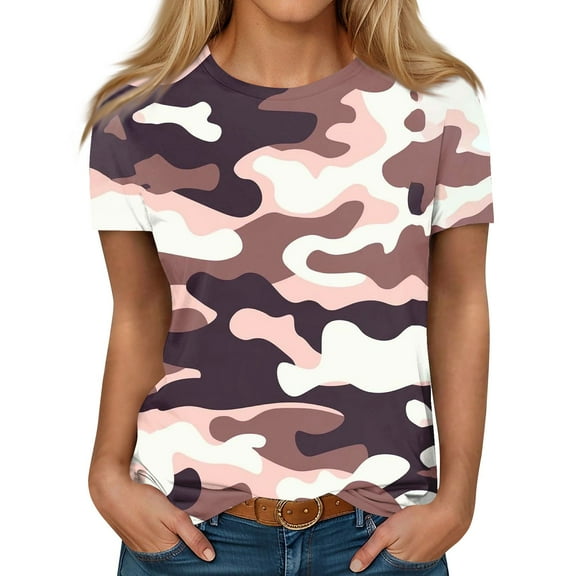 ADSSDQ Womens Shirts Casual Short Sleeve Soft Comfy Tshirt Camouflage Pattern Teen Summer Tops Women Blouses Trendy Spring Crewneck Sweatshirt Pink 5XL