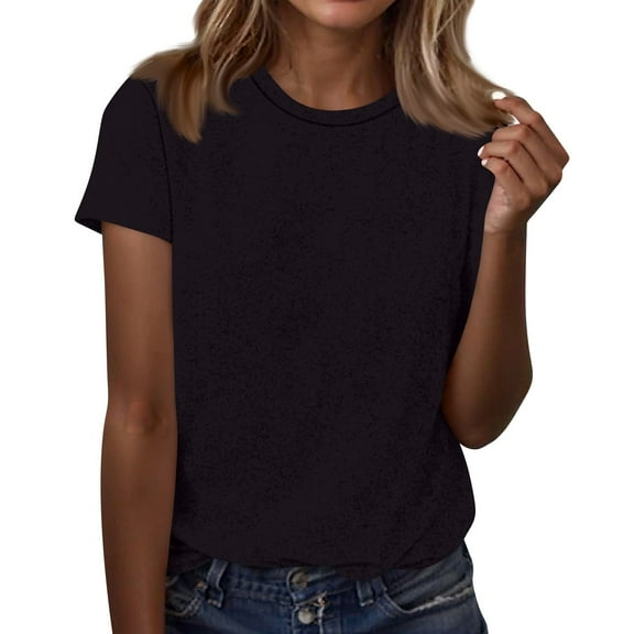 ADSSDQ Womens Short Sleeve Tops Summer T Shirts Round Neck Causal Fashion Basic Tee Loose Fit Blouses Black M