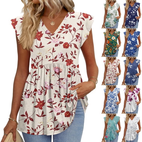 ADSSDQ Womens Summer Print Tank Tops 2026 Babydoll Shirts Ruffle Sleeve Spring Dressy Casual Loose Blouses White 2XL