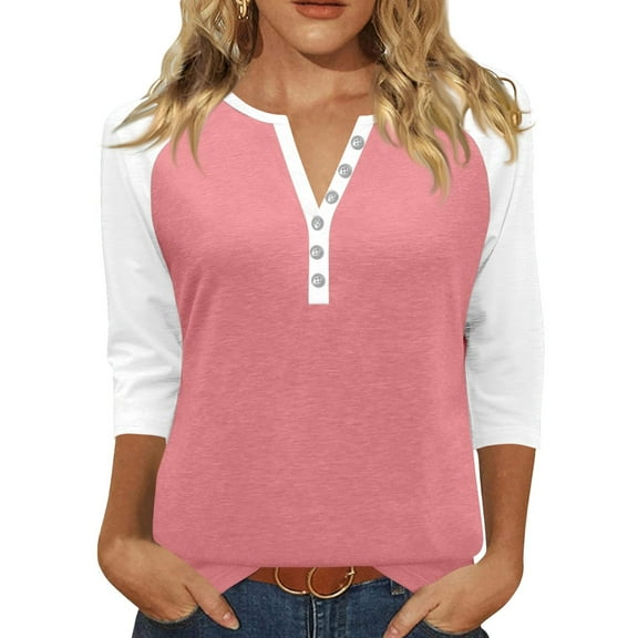ADSSDQ Womens Tops 3/4 Sleeve Button Down Shirts Henley V Neck Loose Casual Blouses Color Block Tshirts Fall Clothes Fashion 2025 Pink L