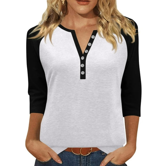 ADSSDQ Womens Tops 3/4 Sleeve Button Down Shirts Henley V Neck Loose Casual Blouses Color Block Tshirts Fall Clothes Fashion 2026 White L