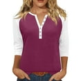 thumbnail image 1 of ADSSDQ Womens Tops 3/4 Sleeve Button Down Shirts Henley V Neck Loose Casual Blouses Color Block Tshirts Wine M, 1 of 4