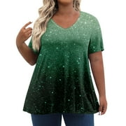 ADSSDQ Womens Tops Plus Size Summer Casual Soft V Neck Hawaiian Shirts For Women Sequin Print Oversized T Shirts Short Sleeve Tunic Tops Clothes Fall Fashion 2024 Green 3XL