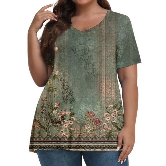 ADSSDQ Womens Tops Plus Size Summer Short Sleeve Shirt For Women V-Neck Blouses Ethnic Floral Funny T Shirts Casual Y2K Clothes Fall Fashion 2024 Dark Green L