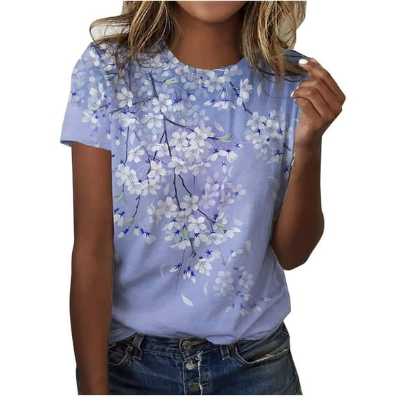 ADSSDQ Womens Tshirts Cotton Loose Fit Fall Going Out Tops Hawaiian Shirts For Women Round Neck Lightweight Short Sleeve Tunic Tops Floral Pattern Summer Clothes Light Purple 3XL
