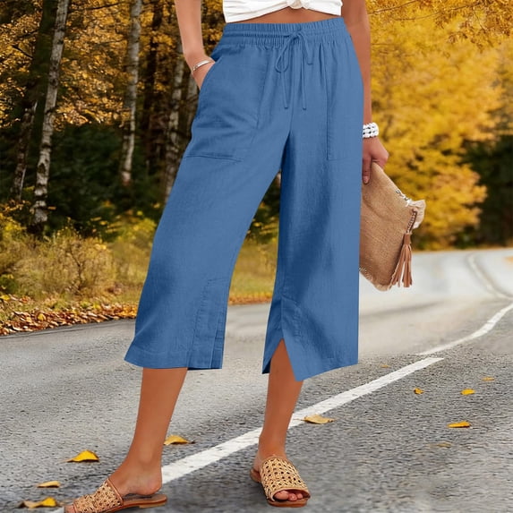 ADSSDQ Womens Wide Leg Palazzo Linen Capri Pants High Waist Split ...