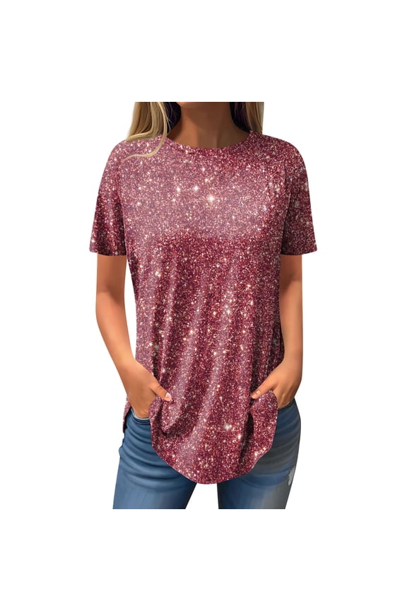 Workout Tops for Women Summer Short Sleeve Womens Hawaiian Shirt Curved Hem Crew Neck Tee Shirts Sequin Graphic Tunics Or Tops To Wear With Leggings Y2K Spring Clothes Watermelon Red S
