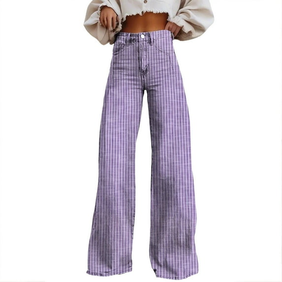 ADSSDQ Womens Striped Wide Leg Jeans Y2K Bell Bottom Low Waisted Flare Jeans Casual Baggy Bootcut Denim Pants with Pockets Purple M
