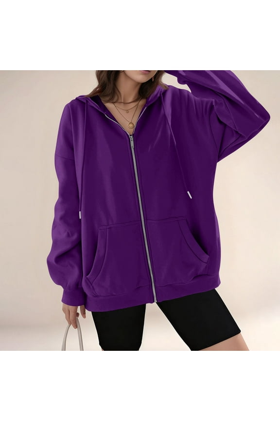Zip Up Hoodie Women Zipper Lightweight Sweatshirts Long Sleeve Loose Fit Workout Plain Jackets Fall Fashion 2025 Dark Purple XL