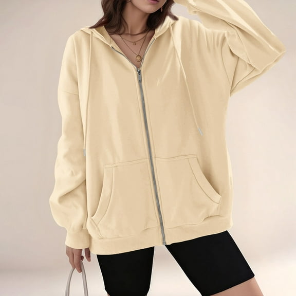 ADSSDQ Zip Up Hoodie Women Zipper Lightweight Sweatshirts Long Sleeve Loose Fit Workout Plain Jackets Fall Fashion 2025 Khaki 2XL